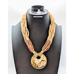 Seven Strand Wood Bead Gold Tone Shell Mountain Scene Disk Pendant 20" Necklace